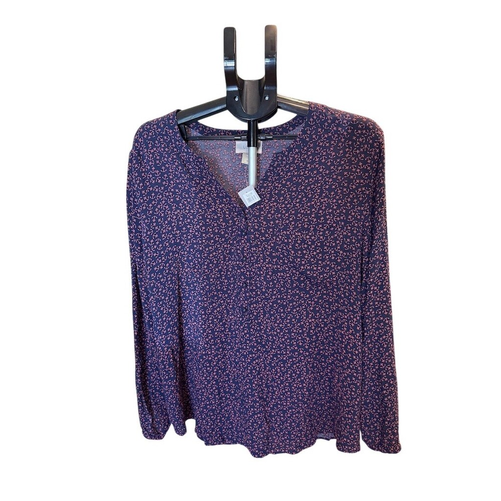 LOFT Blouse Womens XL Navy Blue Pink Anchor Print Split V-Neck Long Sleeve - Picture 2 of 5